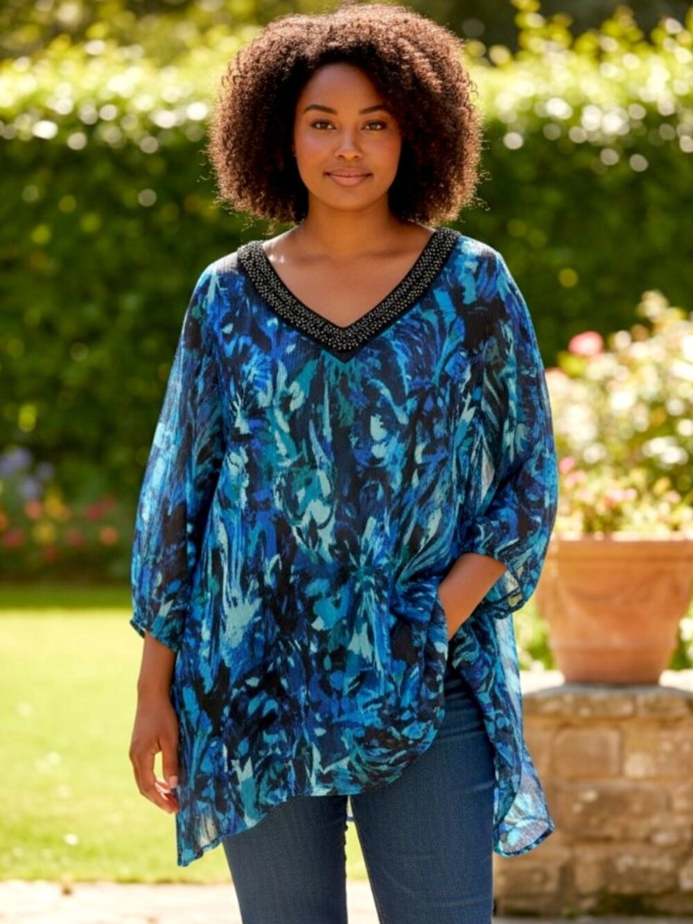 Catherines Sheer Multicolor Jeweled V-Neck Long Sleeve Pleated Tunic Size 1X EUC